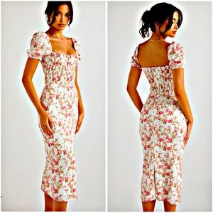 House of CB Bellucci Pink Floral Sheath Smocked Midi Dress M NWOT